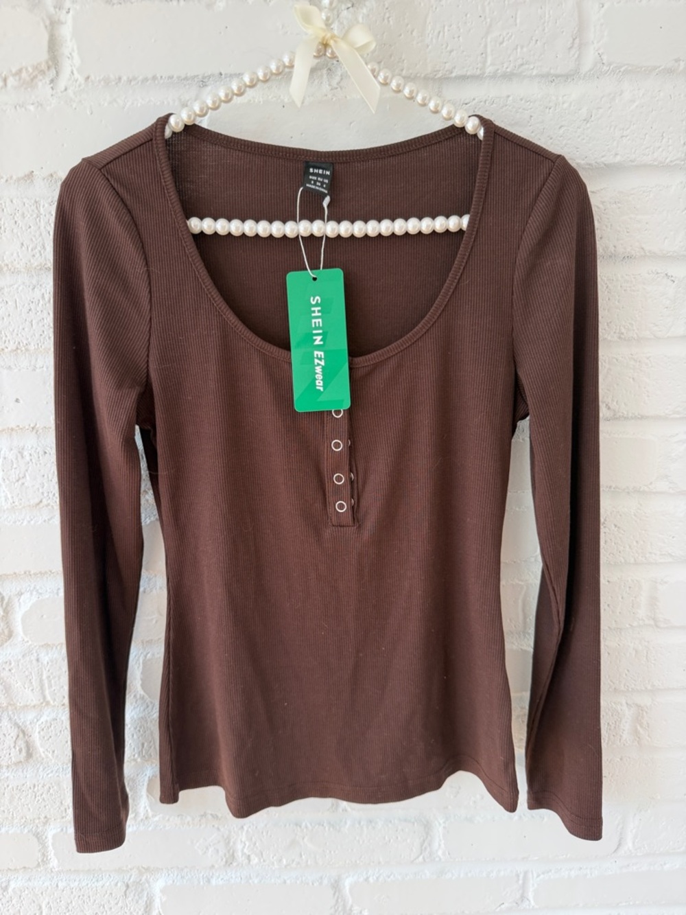 SHEIN Chocolate Brown Ribbed Long Sleeve Scoop Henley Top
